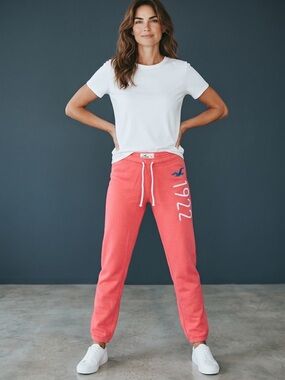 Hollister Coral-Red Sweat Joggers with White Drawcord size extra small